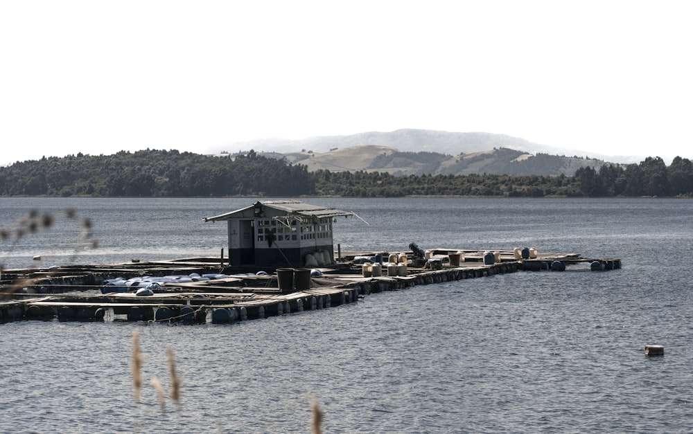 a dock with a house on it in the middle of a lake