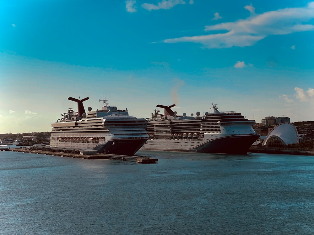 a couple of cruise ships are docked in the water
