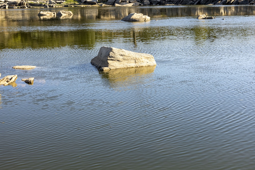 a large rock sitting in the middle of a lake