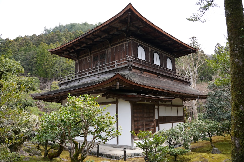 a tall wooden building sitting in the middle of a forest