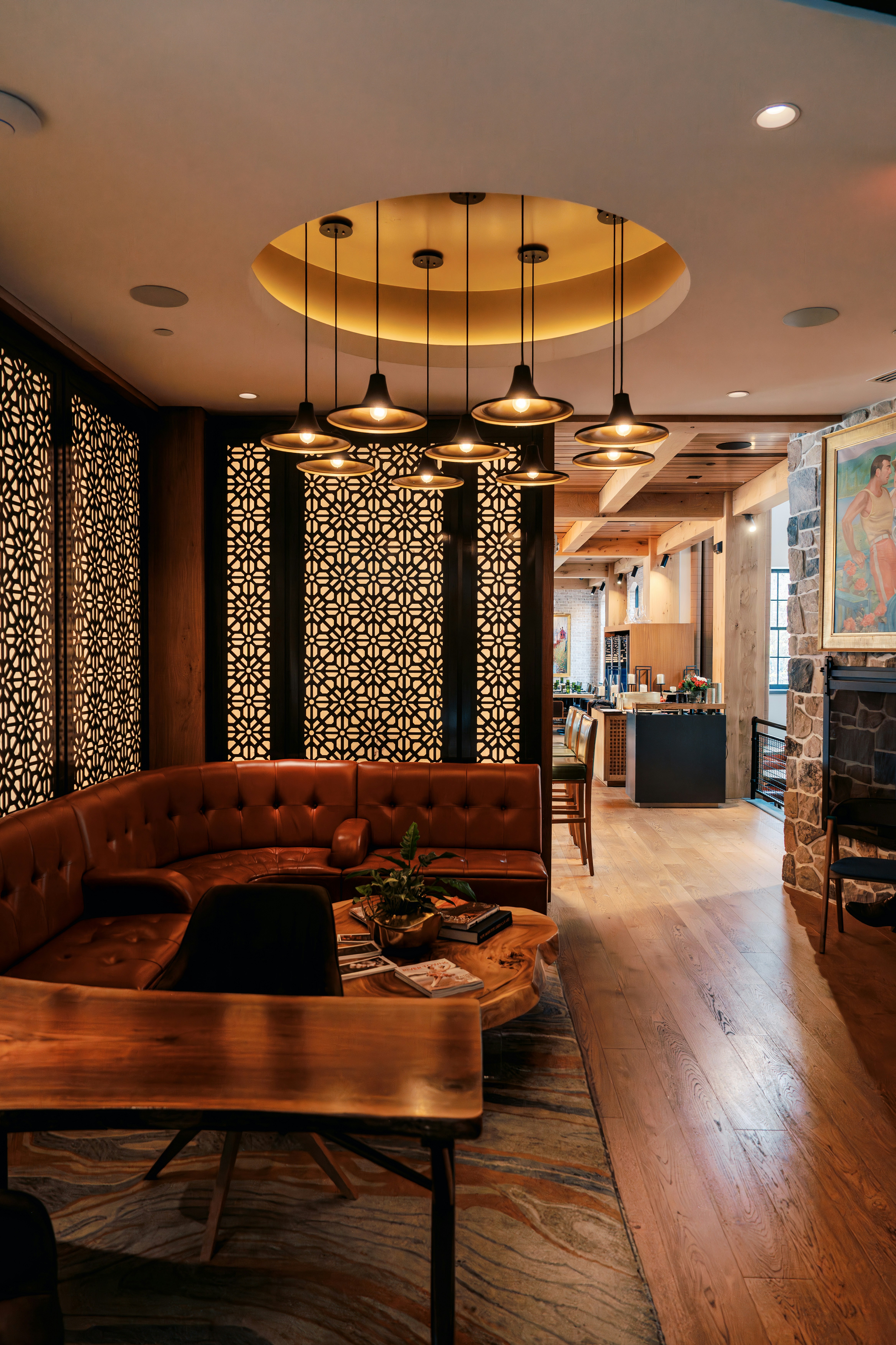 Luxury interior with modern furniture, warm ambient lighting, elegant design, high-end residential space