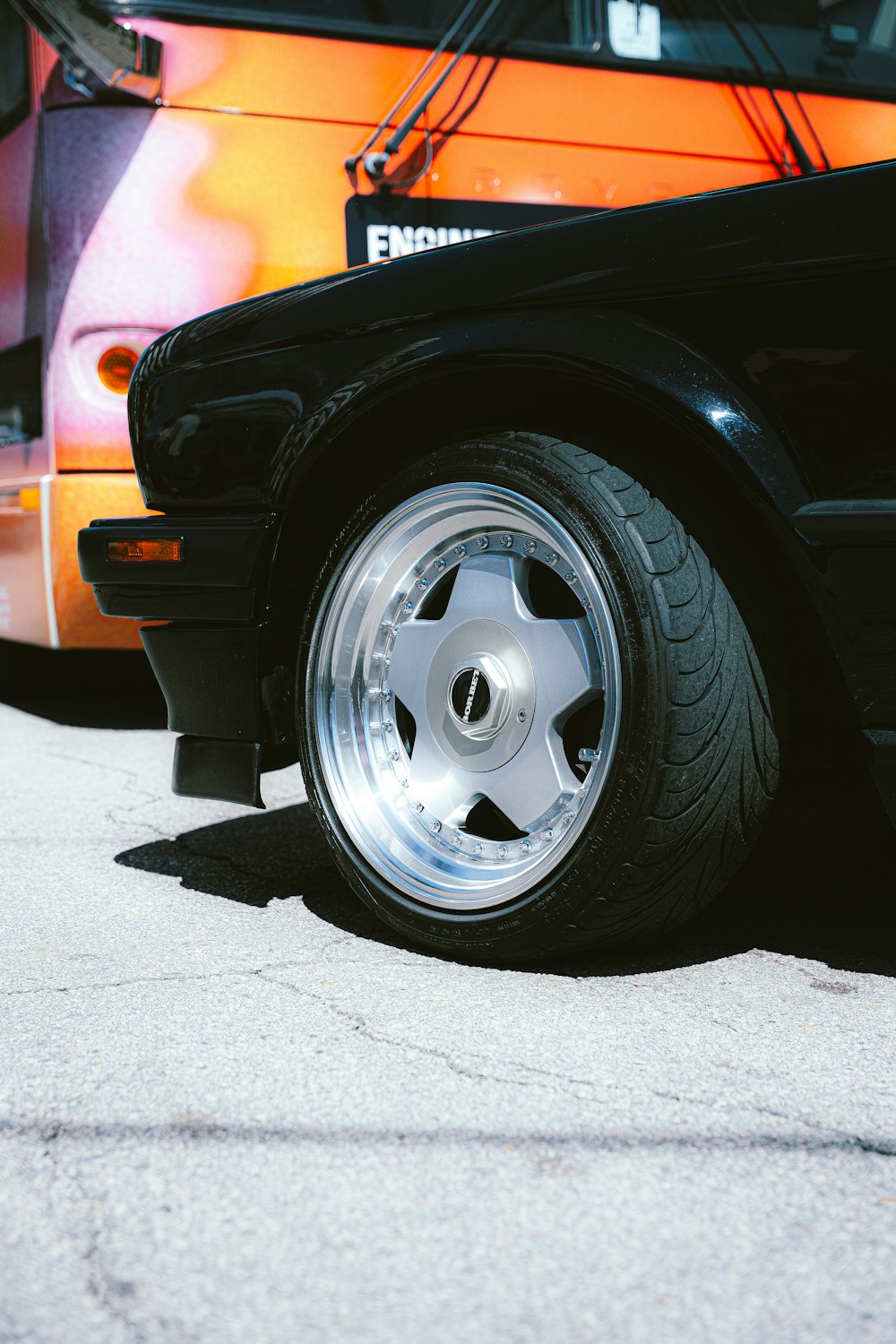 a close up of a tire on a car