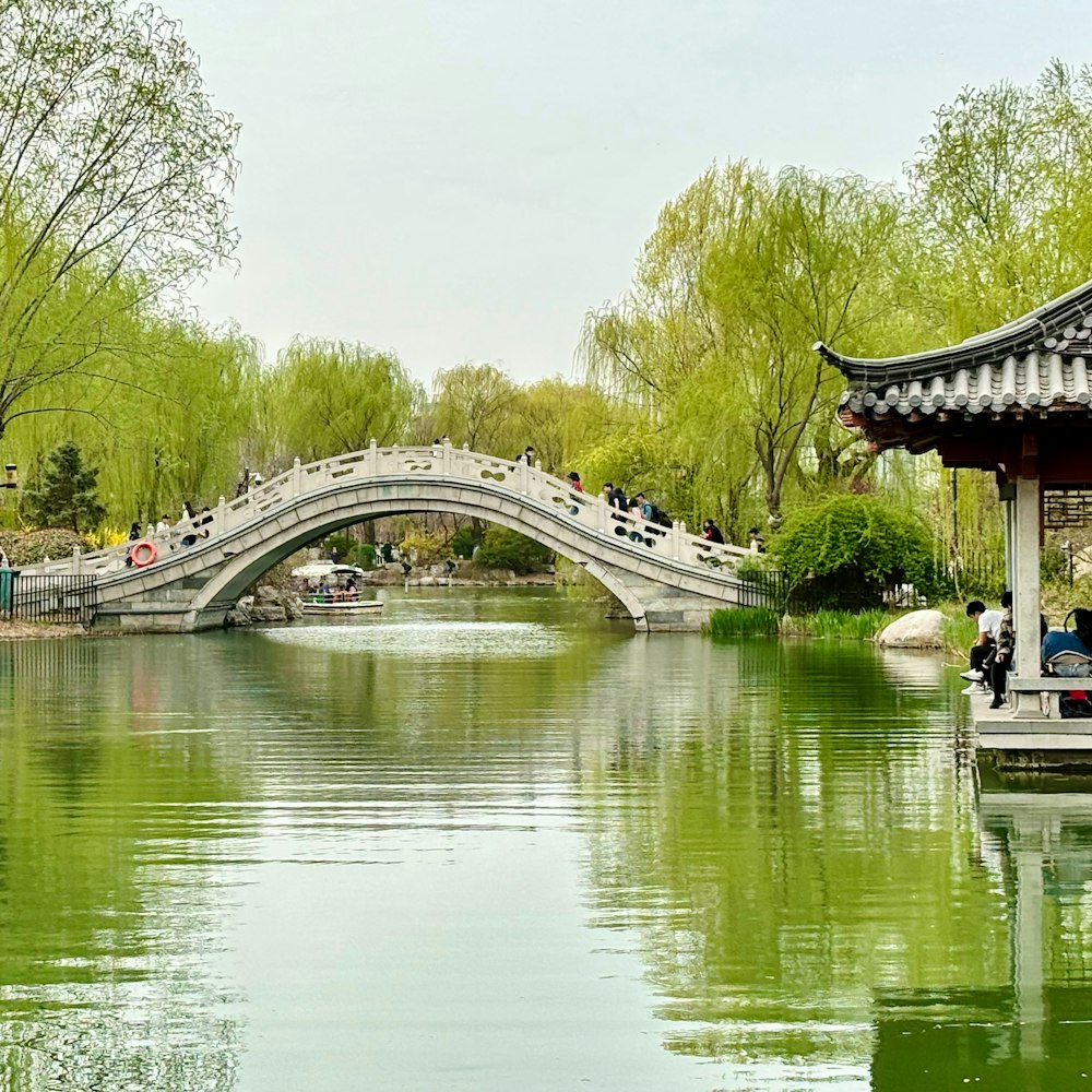 a bridge over a body of water surrounded by trees