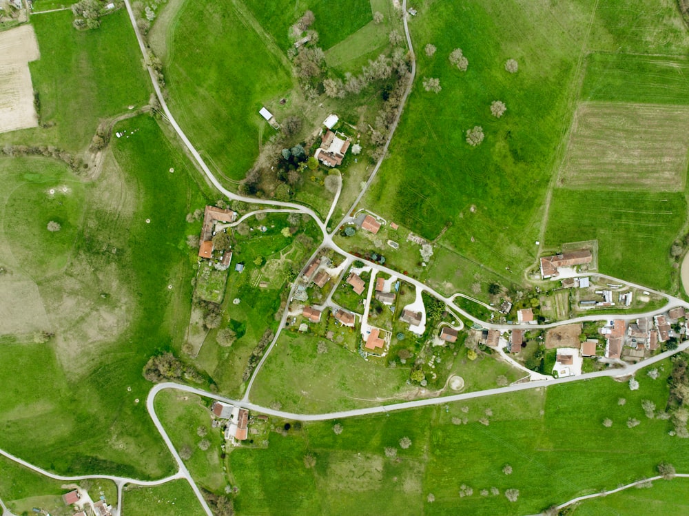 an aerial view of a small village in the countryside