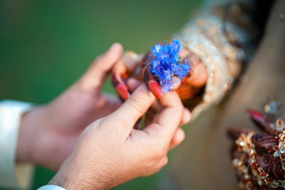 a close up of a person holding a small blue flower