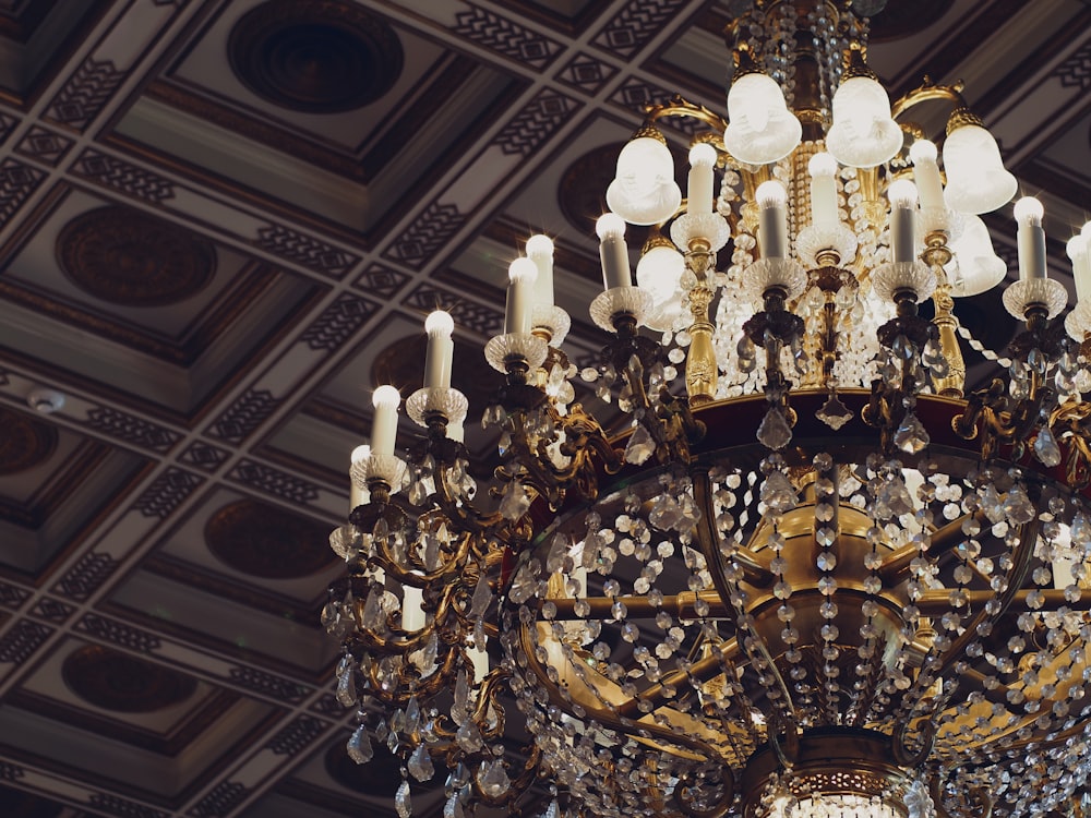 a chandelier hanging from a ceiling in a room