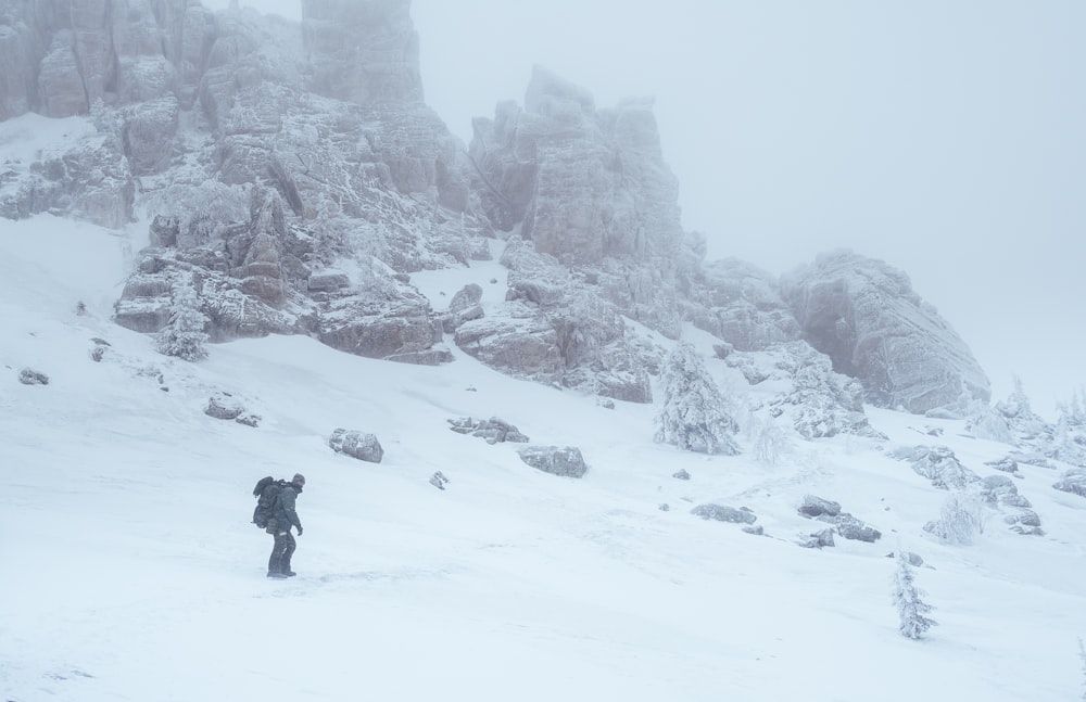 a person standing in the snow with a mountain in the background