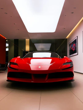 a red sports car is parked in a room