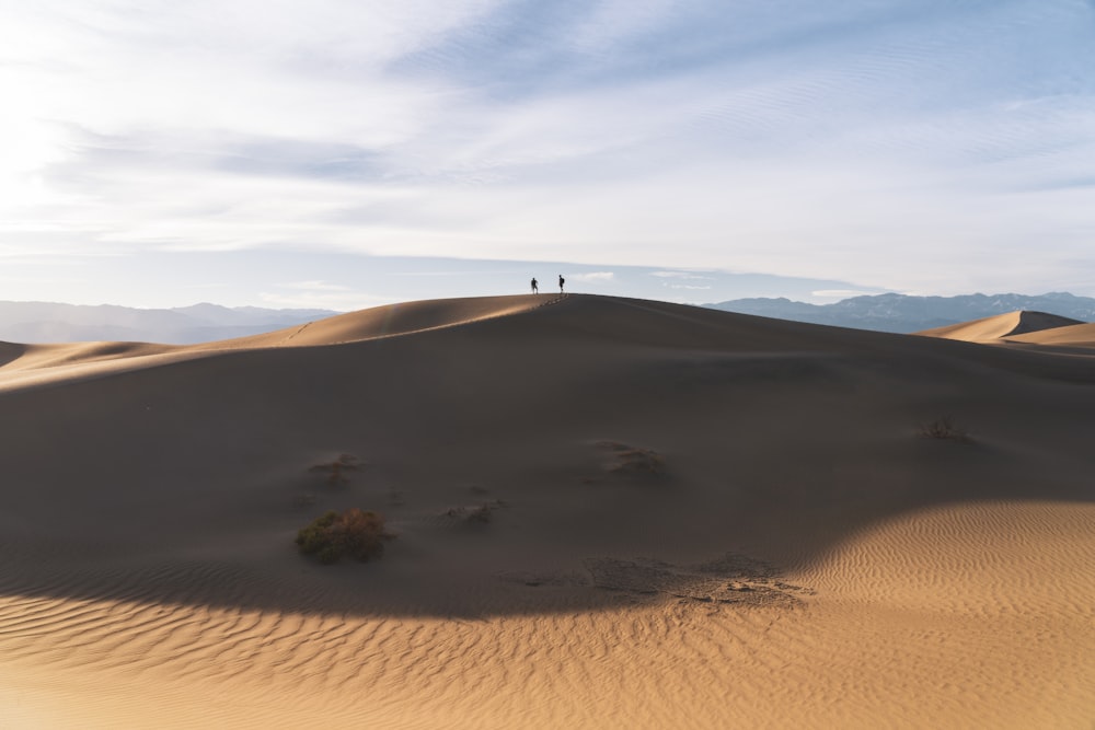 two people standing on top of a sand dune