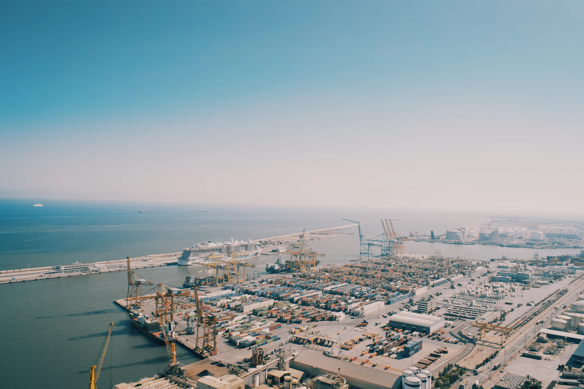 an aerial view of a harbor and a city