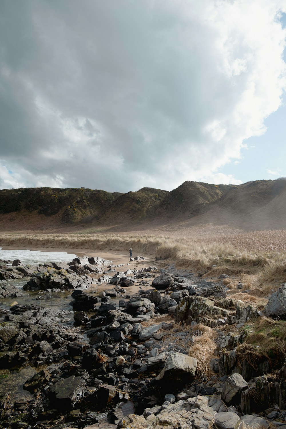 a rocky beach with a body of water in the distance