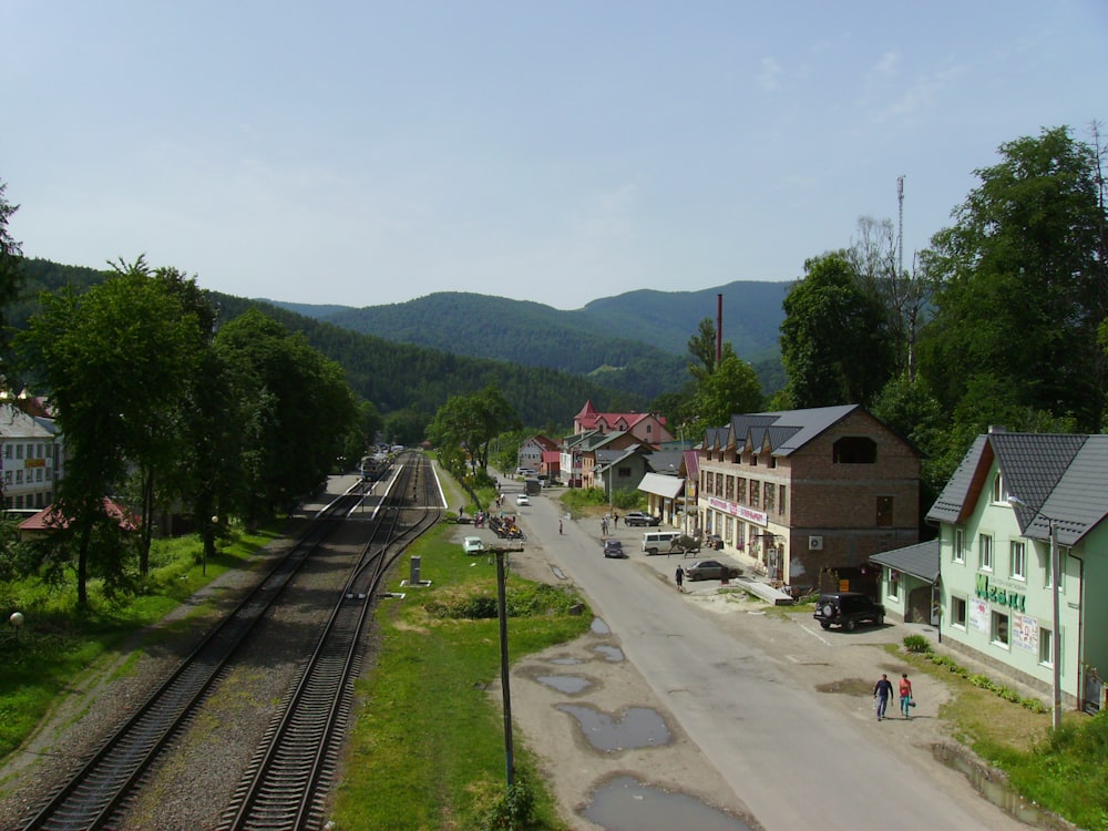 a train track running through a small town