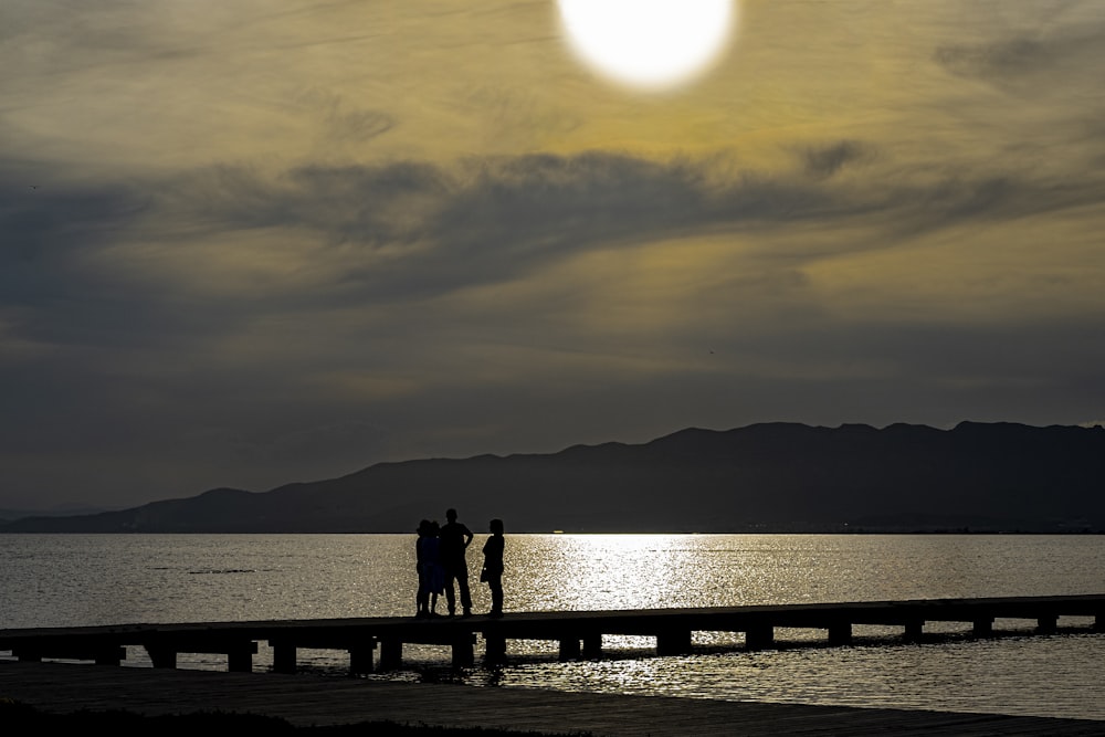 a couple of people standing on top of a pier