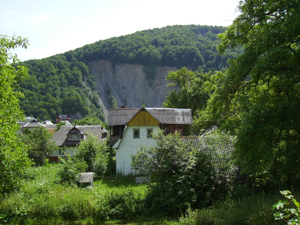 Una casa bianca circondata da alberi e montagne