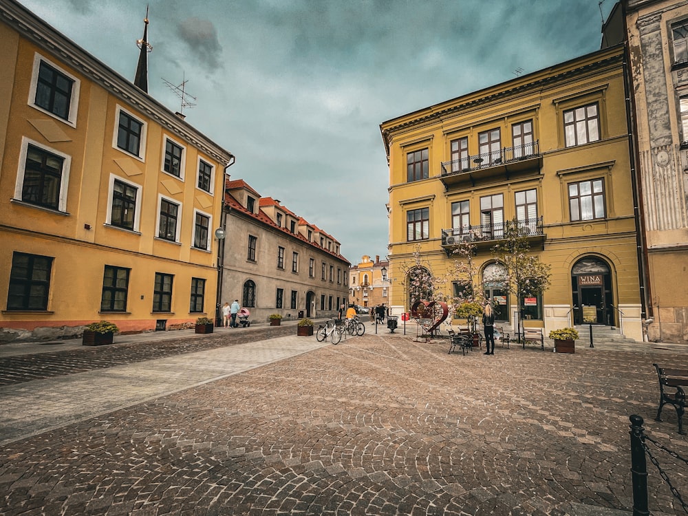 a cobblestone street in a european city