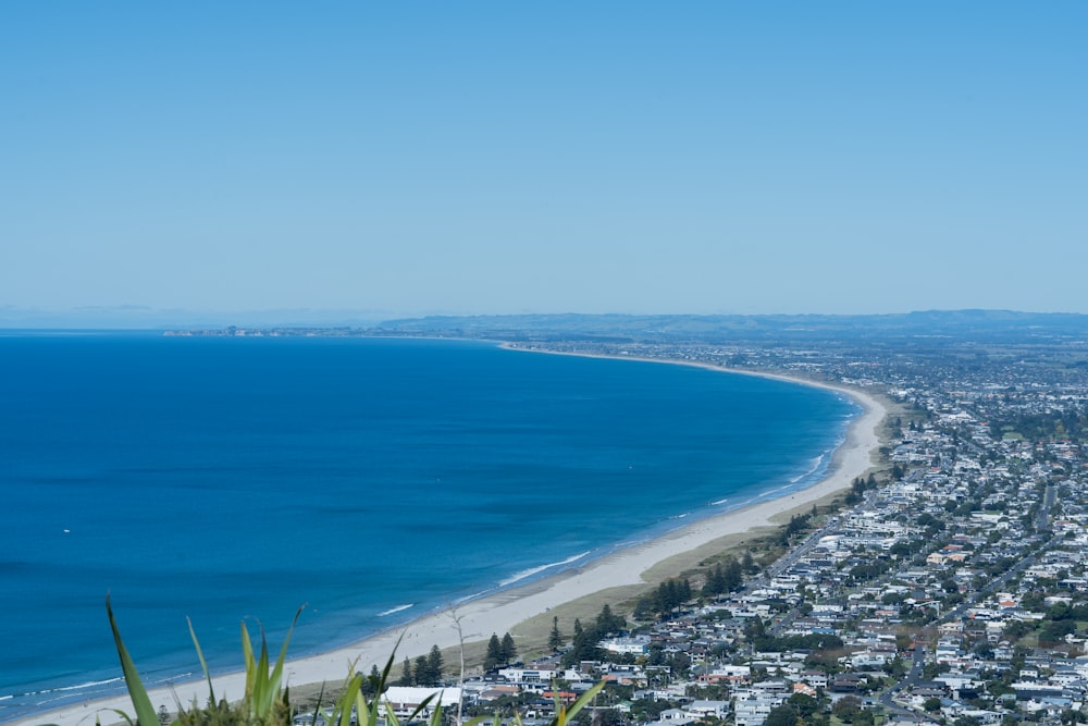 a view of a city and the ocean from a hill