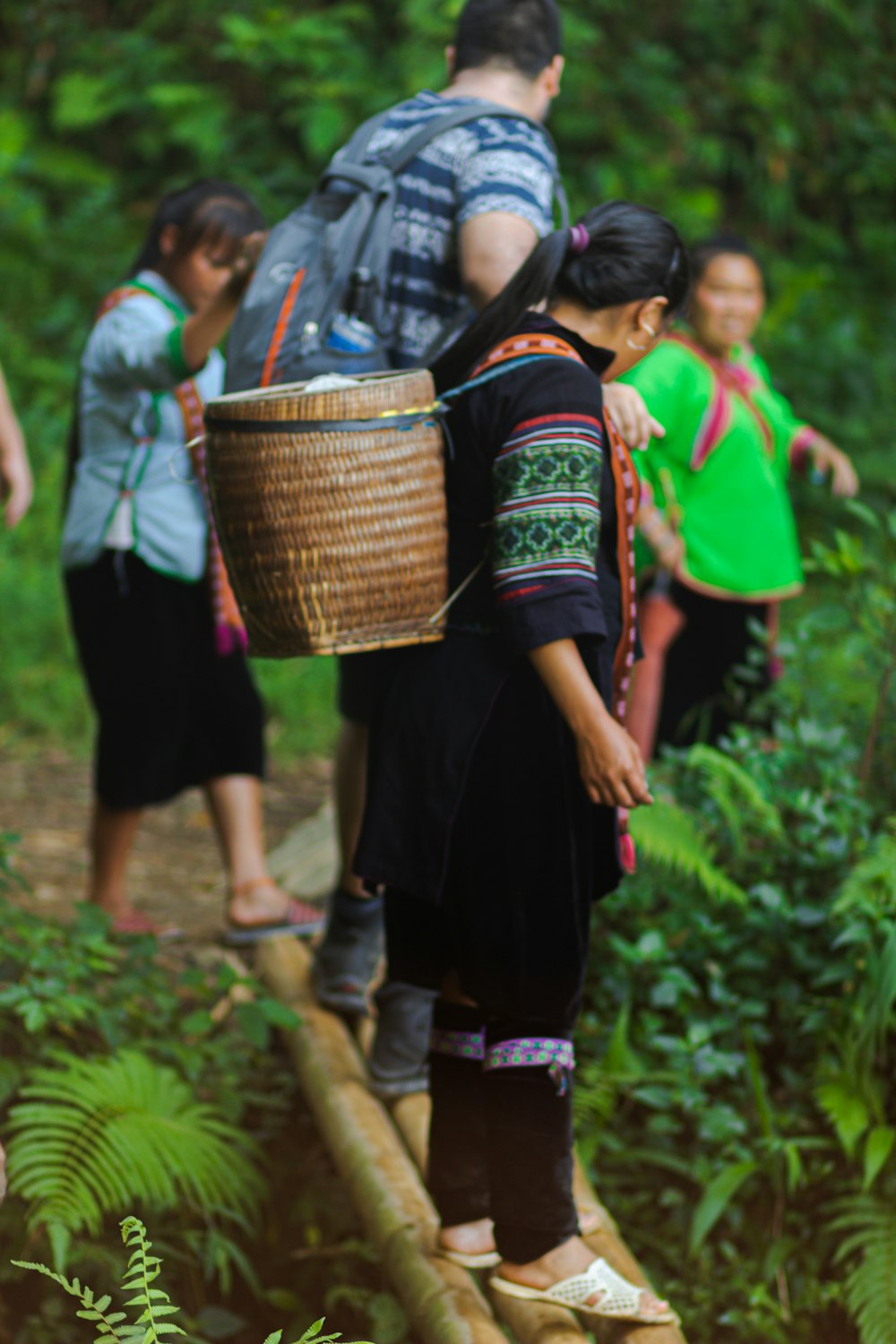 a group of people walking across a lush green forest