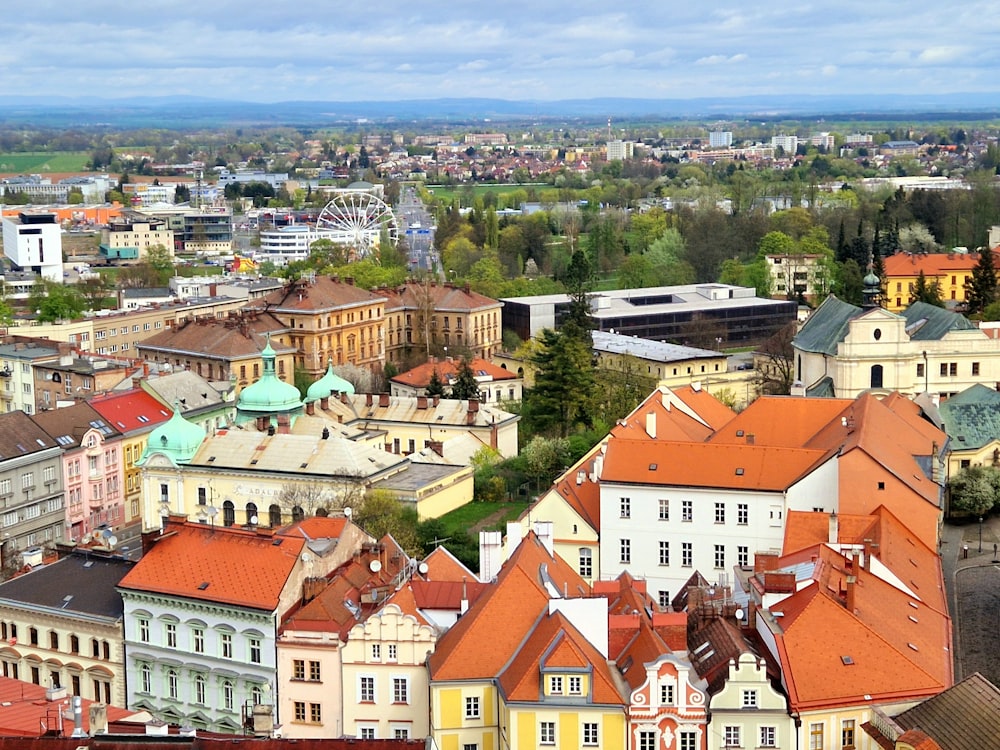 an aerial view of a city with many buildings