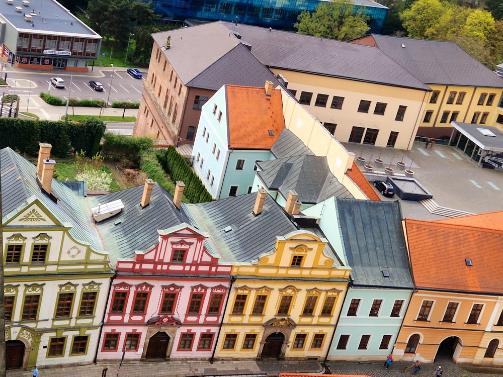 an aerial view of a row of colorful buildings