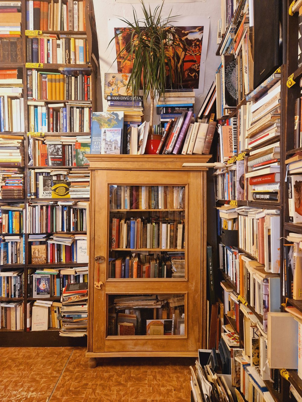 a bookshelf filled with lots of books in a room