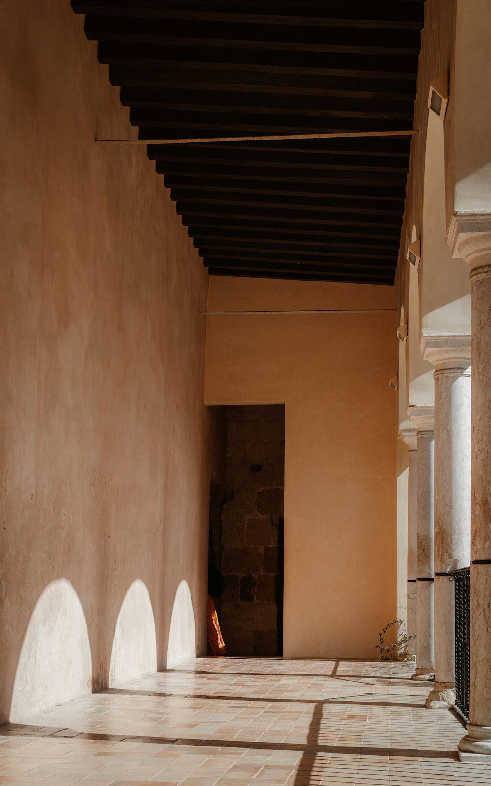 a person standing in a hallway between two buildings