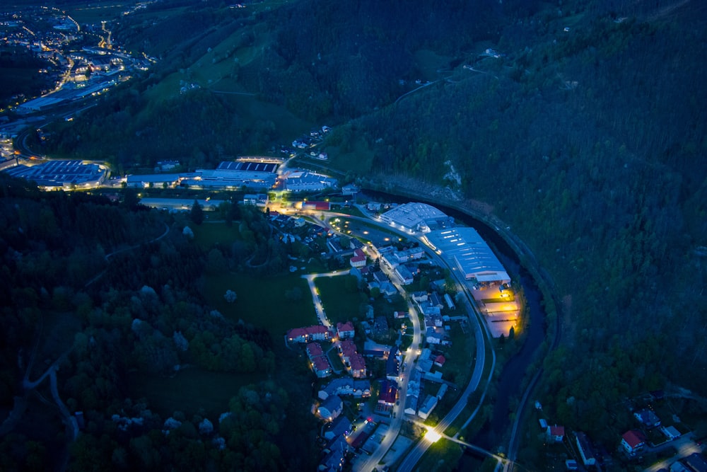 an aerial view of a city at night