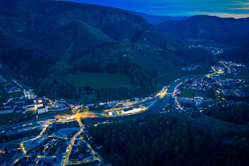 an aerial view of a city at night