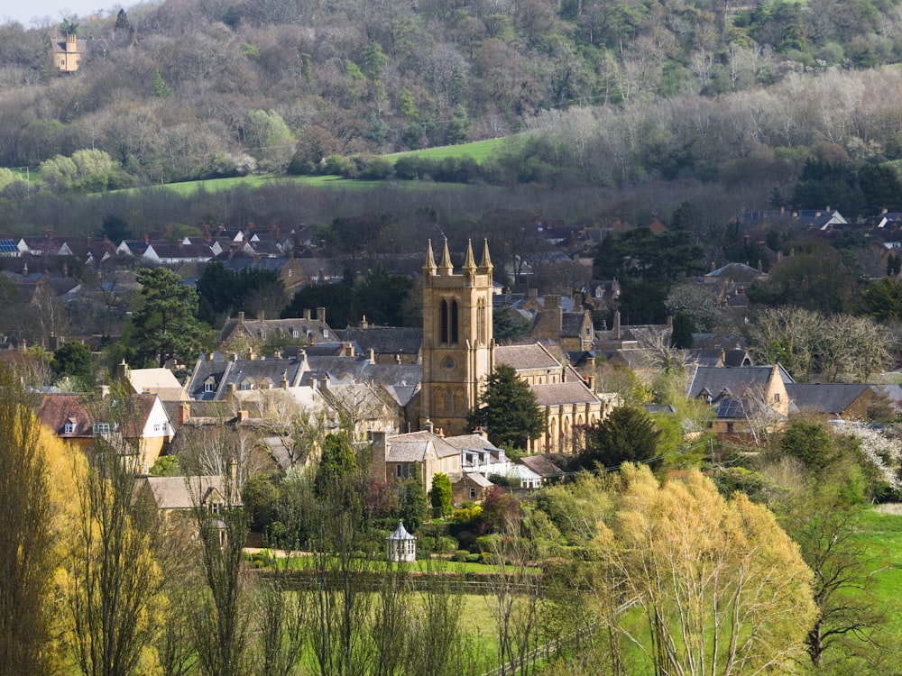 a small town with a church in the middle of it