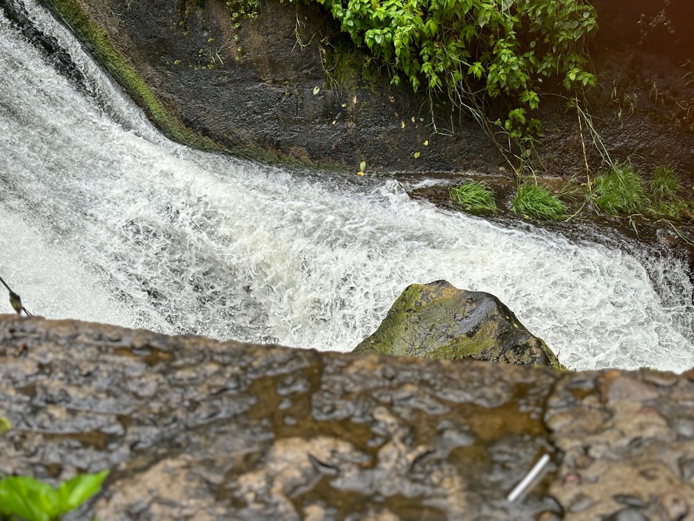 ein Mann, der auf einem Felsen neben einem Wasserfall steht