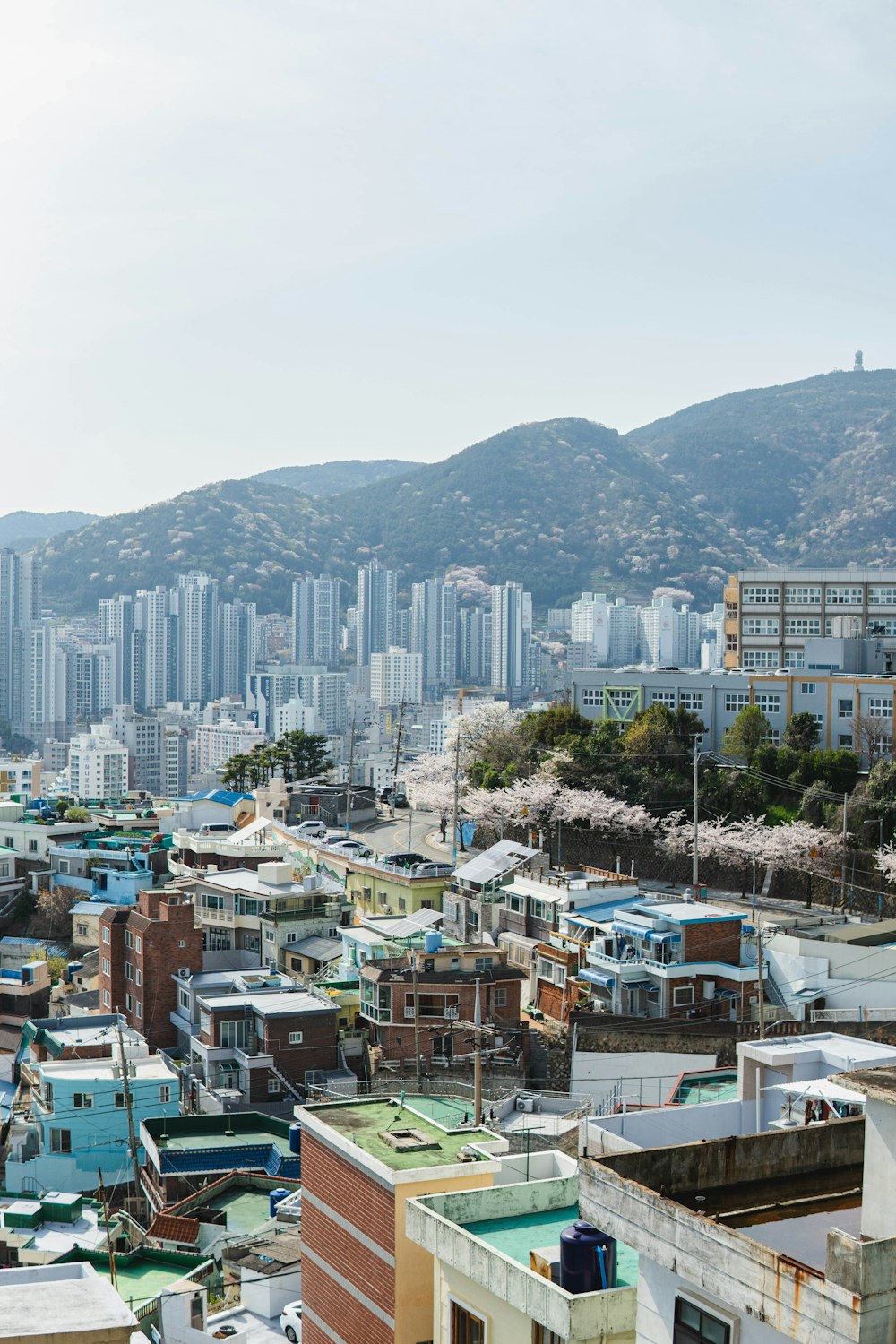 a view of a city with mountains in the background