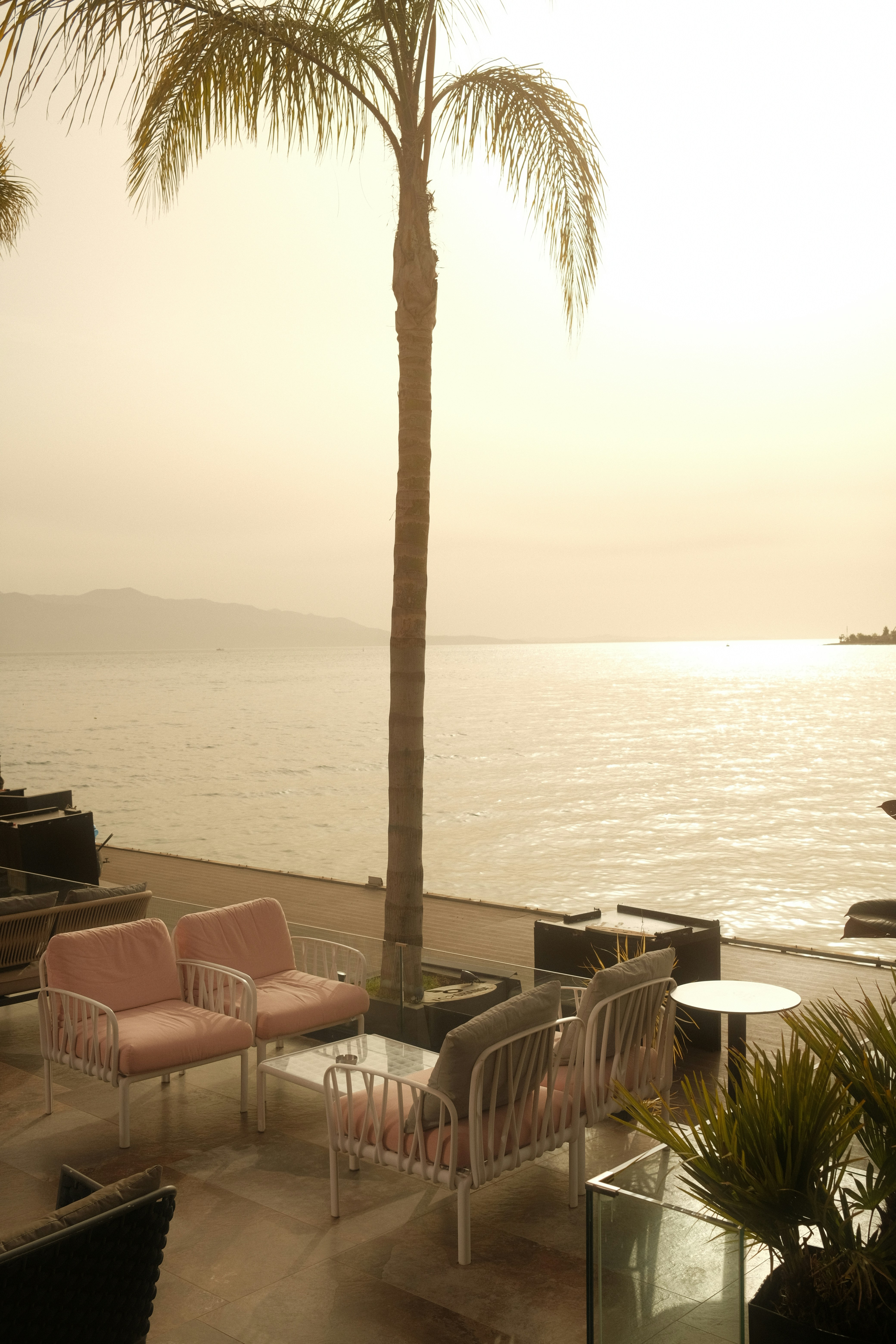 Outdoor patio furniture arranged on a terrace in Palm Desert