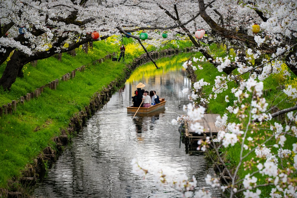 a couple of people in a small boat on a river