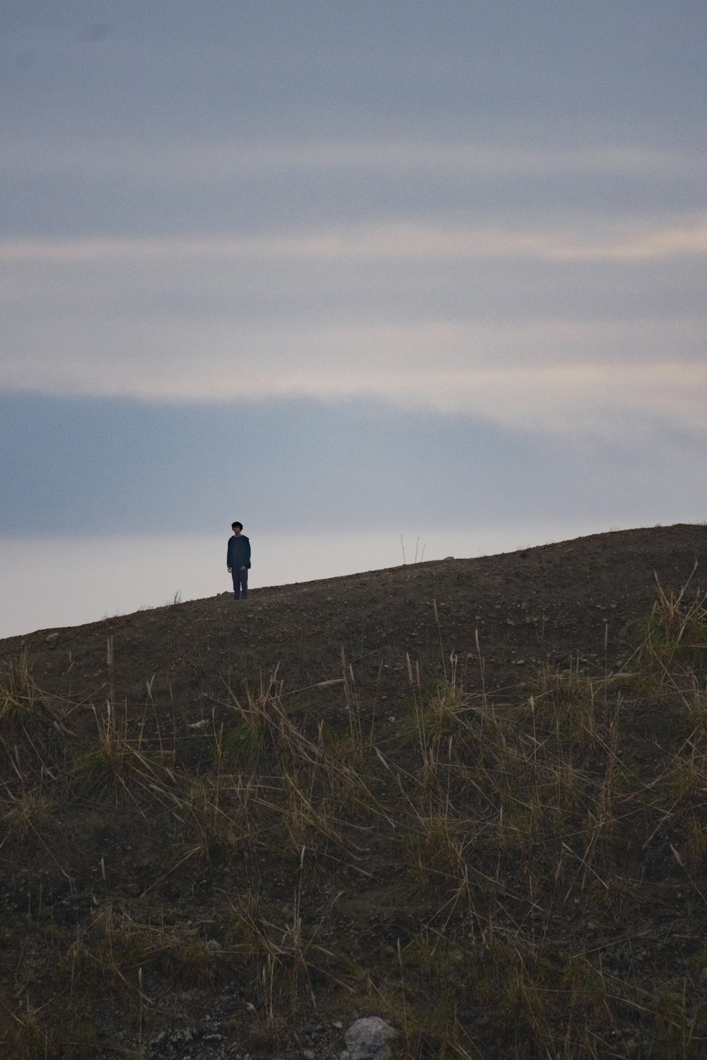 a person standing on top of a grass covered hill