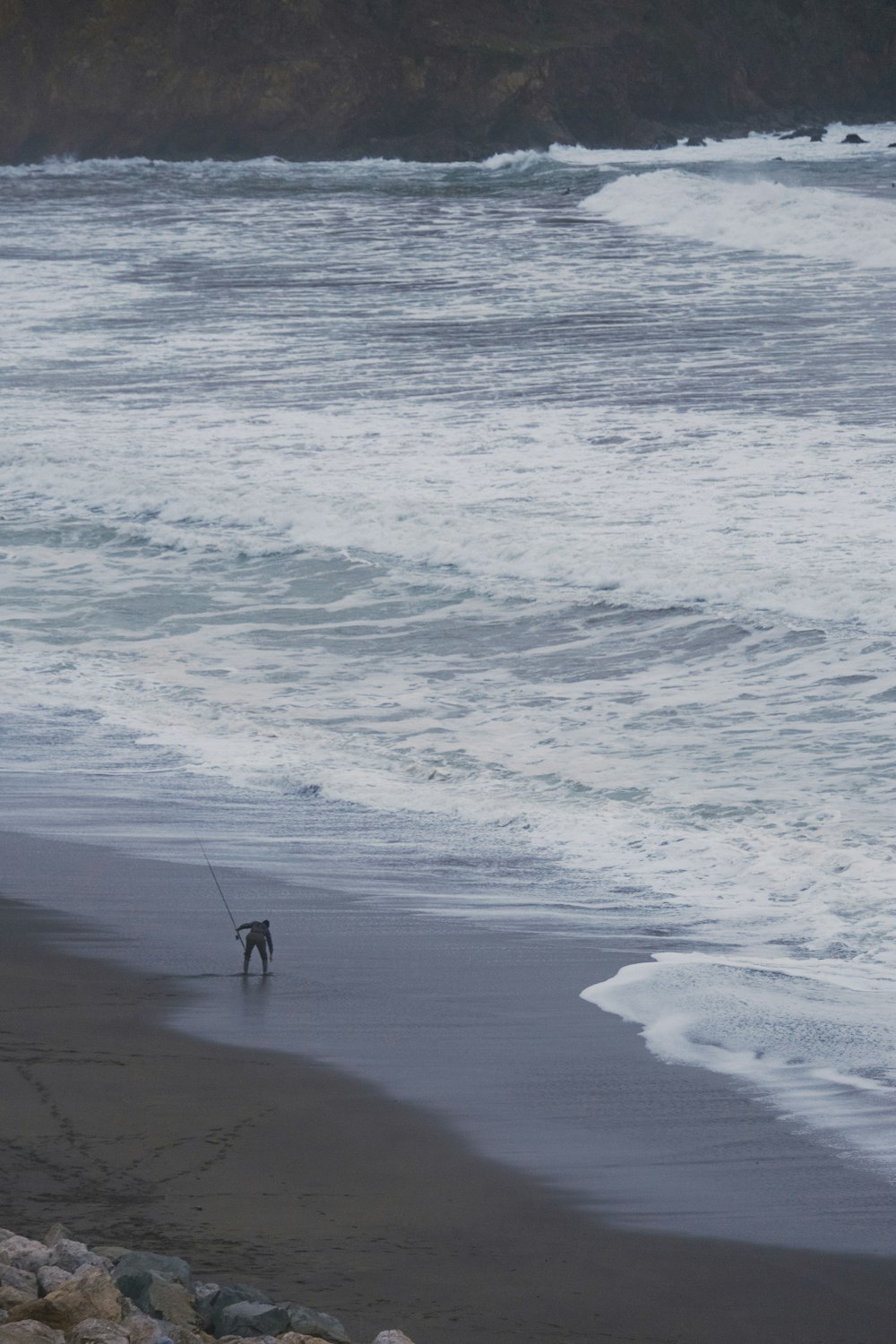 a person walking a dog on a beach near the ocean