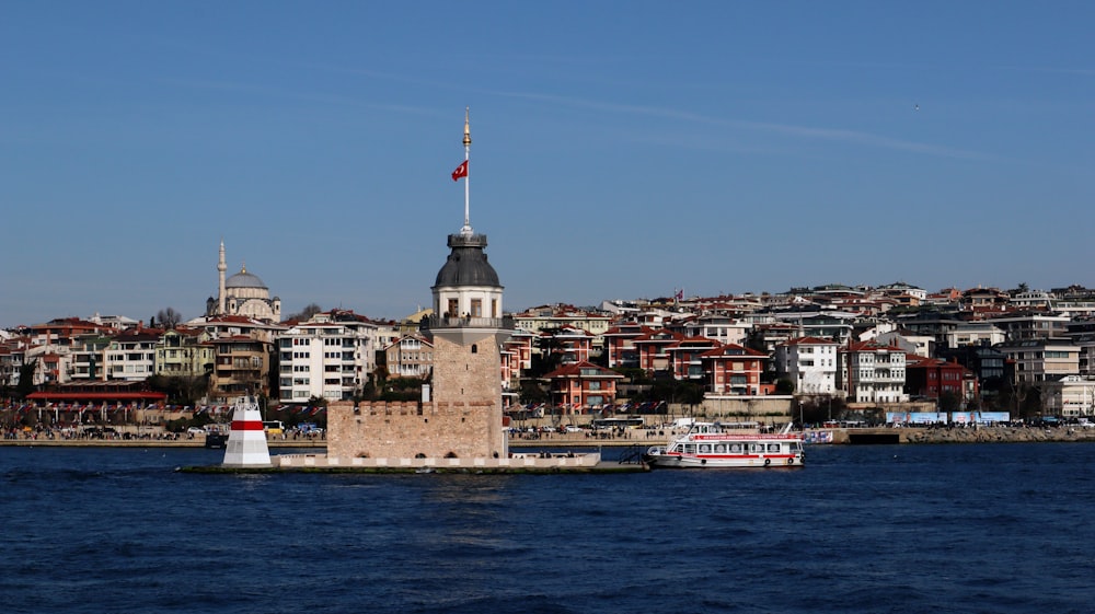 a large body of water with a small tower in the middle of it