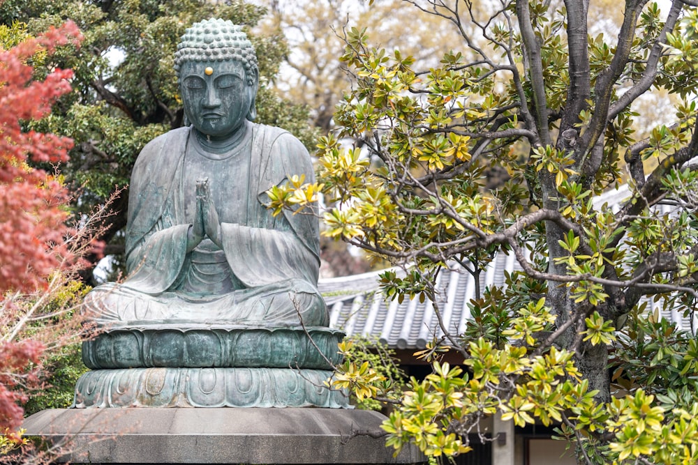 a statue of a buddha sitting in a garden