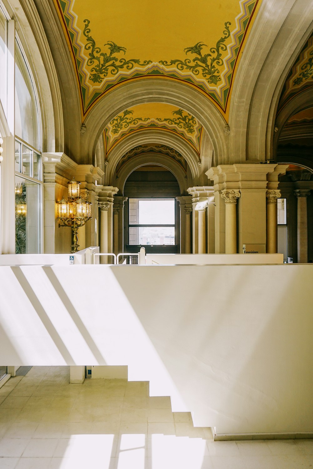 a long white counter in a large room