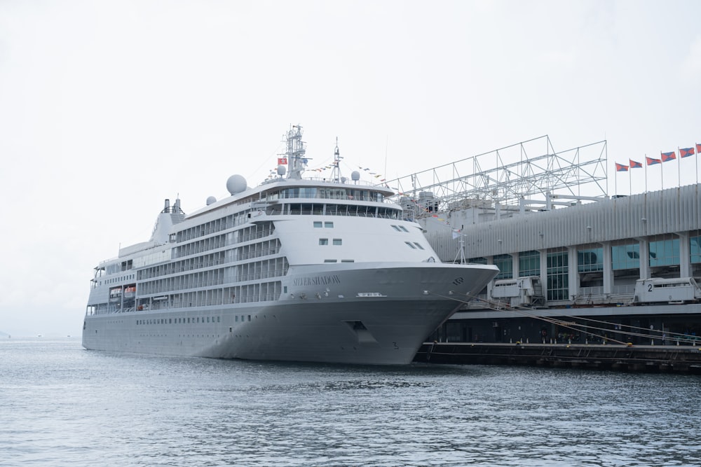 a large cruise ship docked at a dock