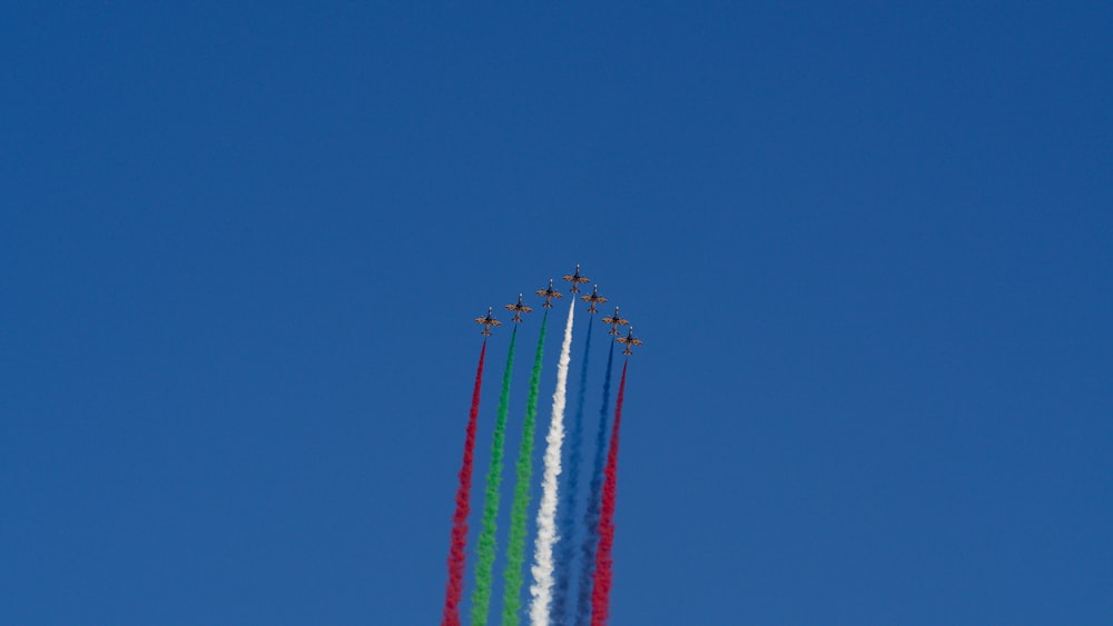 Eine Gruppe von Jets fliegt durch einen blauen Himmel