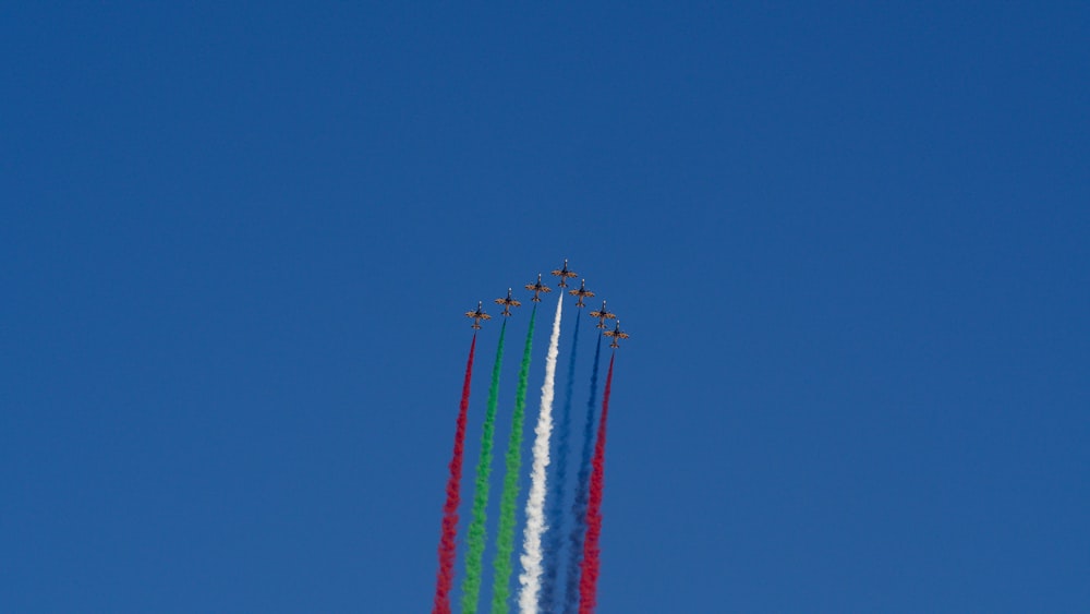 青空を飛ぶジェット機の群れ