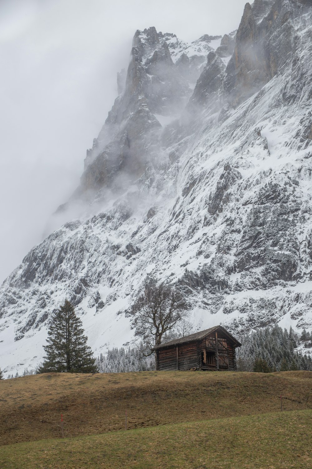 a mountain covered in snow with a cabin in the foreground