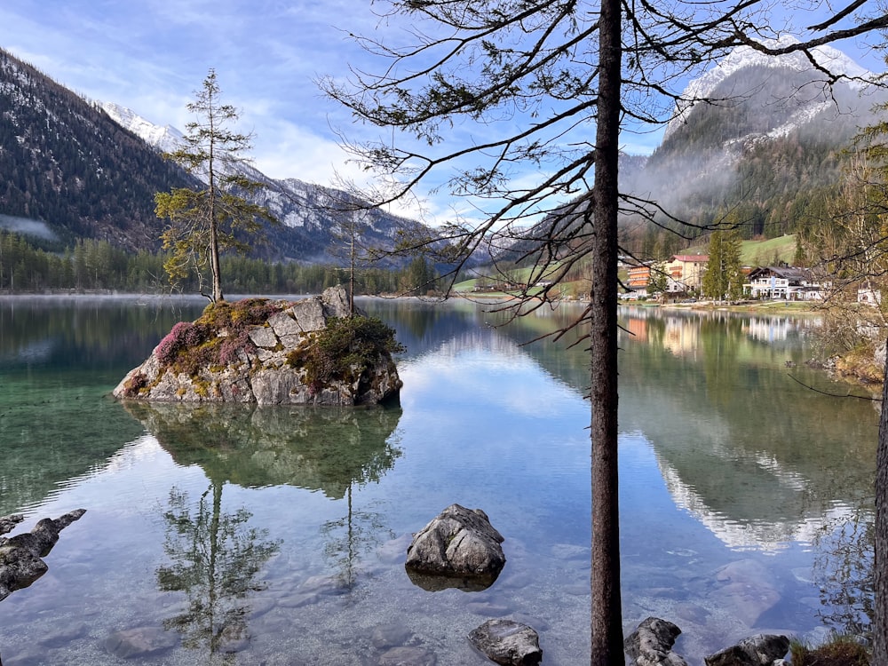 a body of water surrounded by mountains and trees