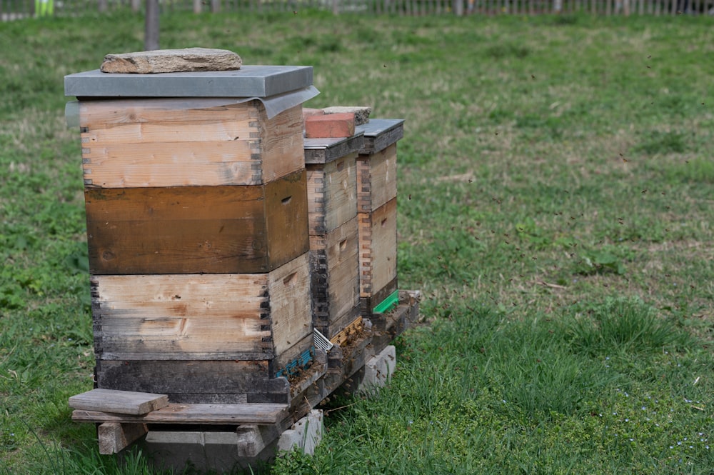 a stack of beehives sitting on top of a lush green field