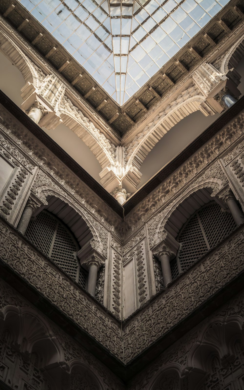 a view of a glass roof in a building