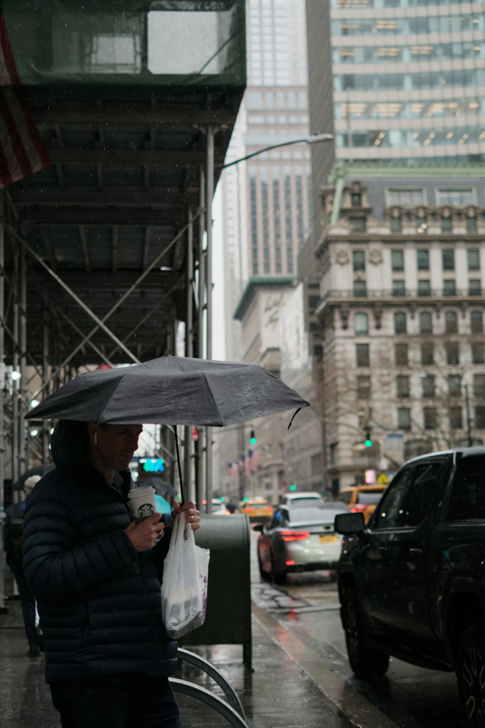 a person holding an umbrella on a city street