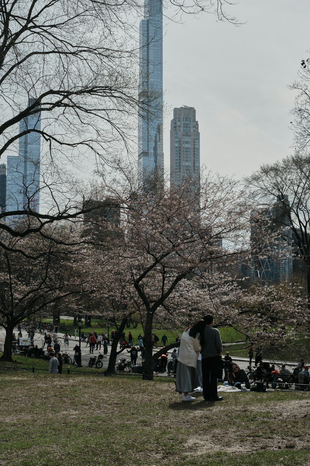 a couple of people standing in a park