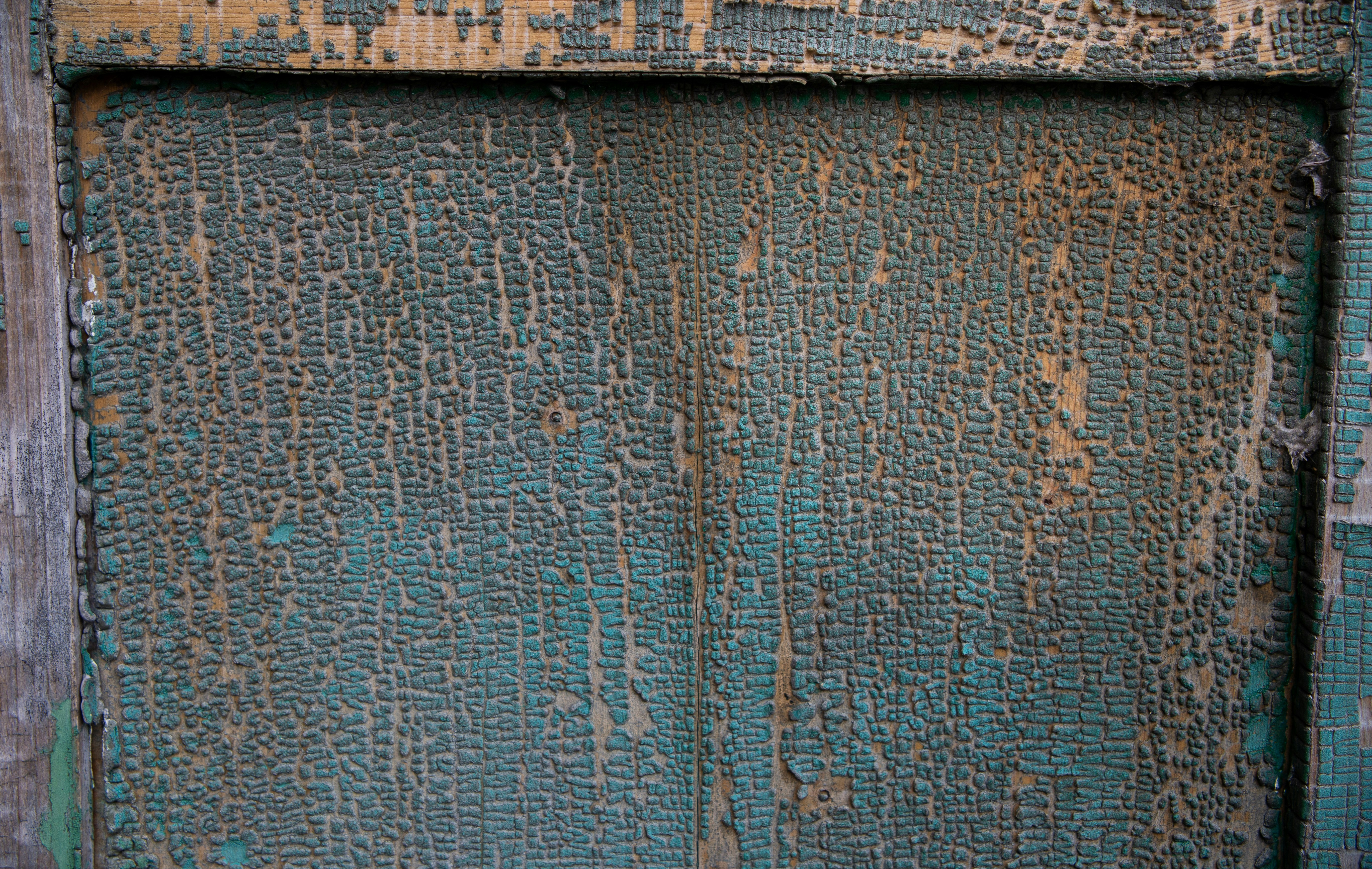 a close up of a door with peeling paint