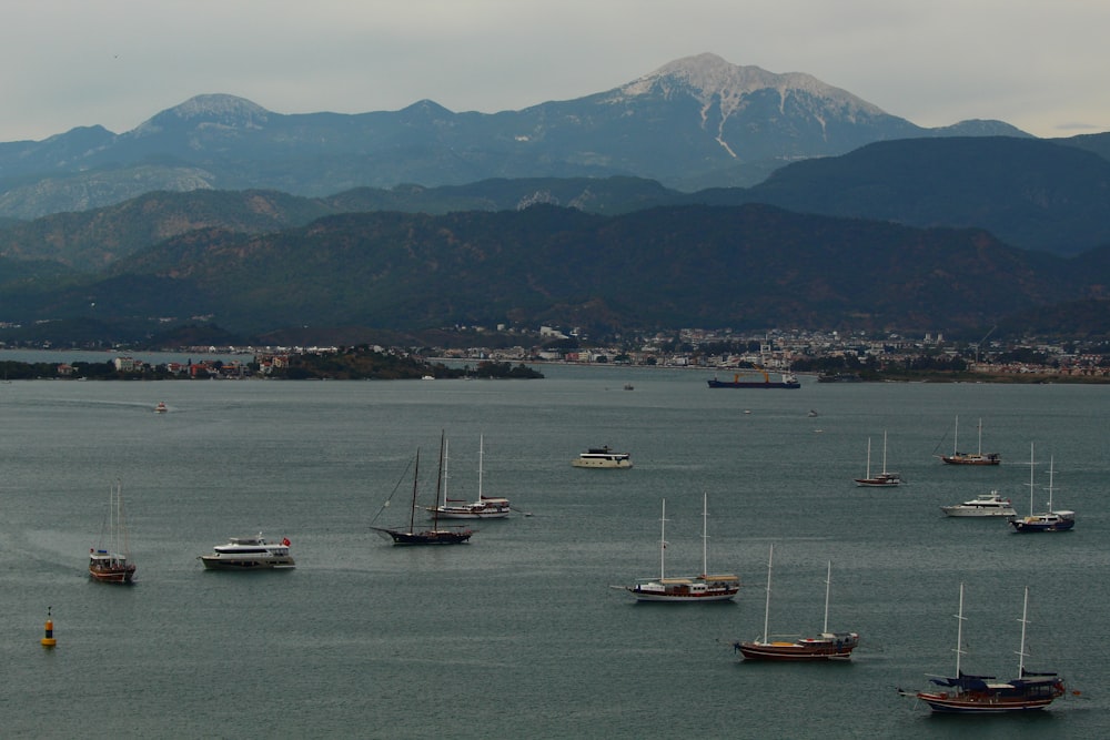 a group of boats floating on top of a large body of water