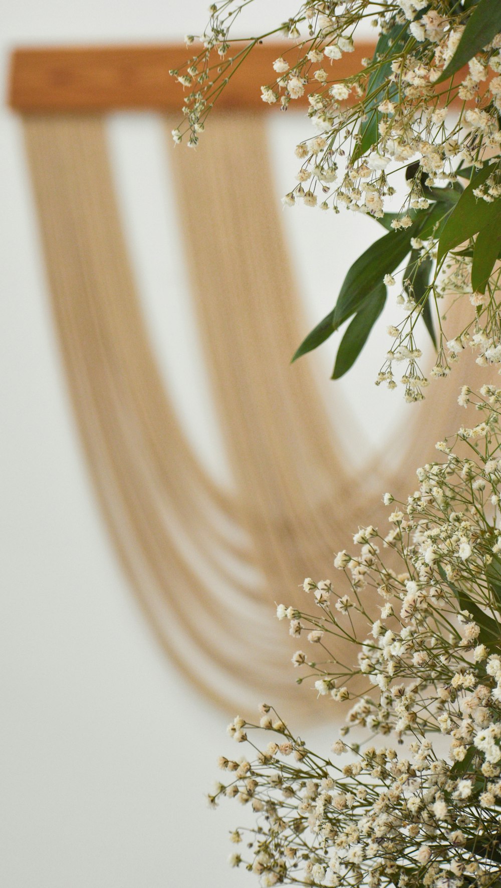 a vase filled with white flowers next to a wall