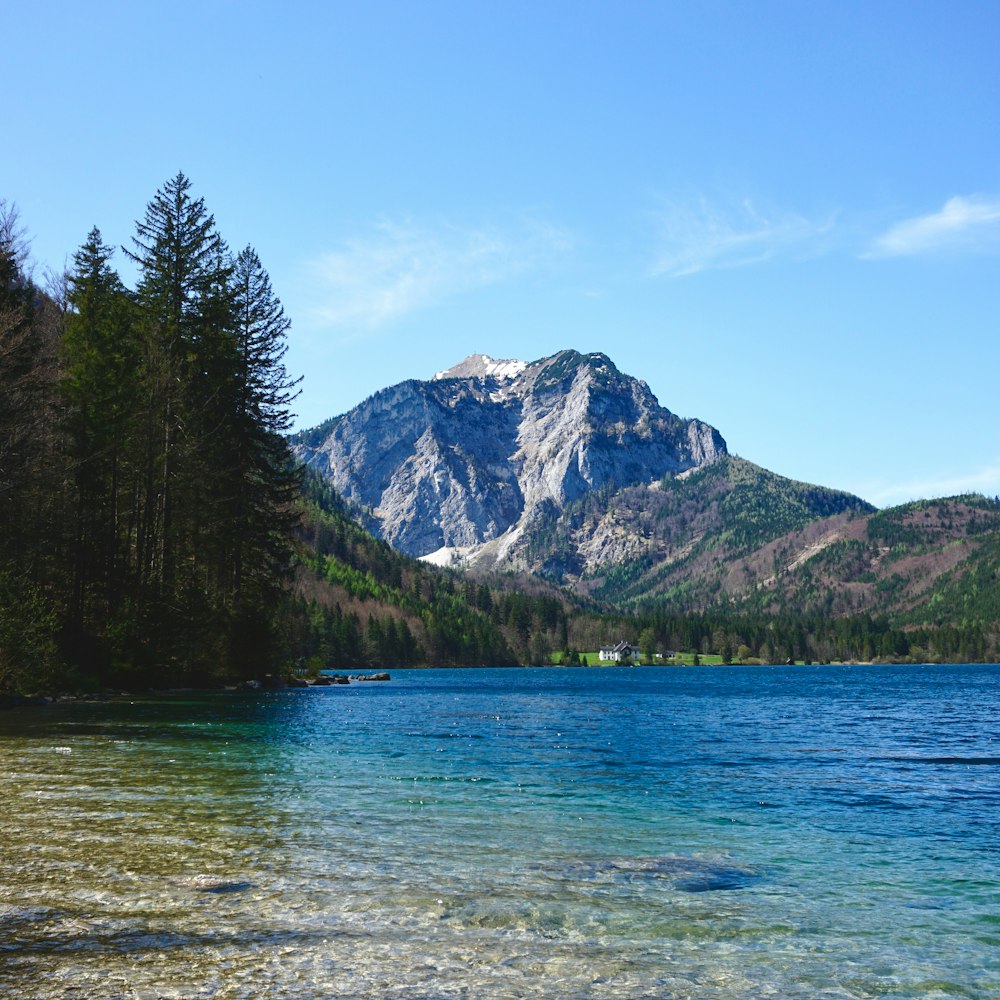 a lake with a mountain in the background